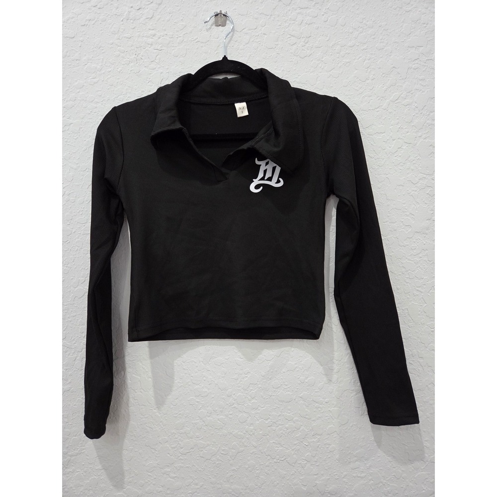 YX Black Ribbed Long Sleeve Cropped Polo Shirt Graphic M Size M